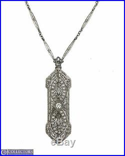 Ladies Antique Art Deco Estate 14K White Gold 0.87ctw Diamond Filigree Necklace