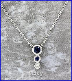 Ladies Art Deco Style 14K 585 White Gold Diamond Sapphire Pendant Chain Necklace