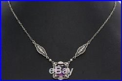 Ladies Art Deco Style Rhodium Clad 14k White Gold Amethyst Filigree Necklace MMB