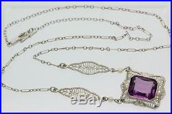 Ladies Art Deco Style Rhodium Clad 14k White Gold Amethyst Filigree Necklace MMB