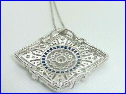 Ladies Art Deco Style Solid Sterling 925 Silver Blue and White Sapphire Necklace