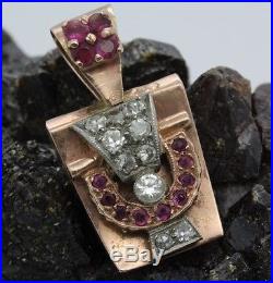 Ladies Custom Art Deco 14k Rose Gold. 85 Ct TW Diamond Ruby Necklace Pendant LMN