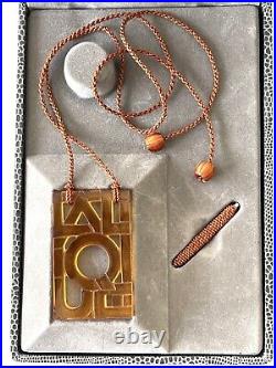 Lalique Crystal Topaz Amber Art Deco Logo Block Print Necklace Pendant NIB