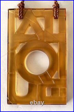 Lalique Crystal Topaz Amber Art Deco Logo Block Print Necklace Pendant NIB