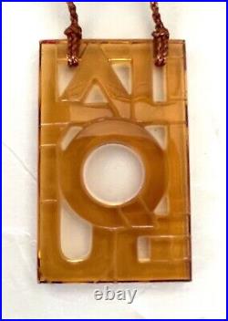 Lalique Crystal Topaz Amber Art Deco Logo Block Print Necklace Pendant NIB