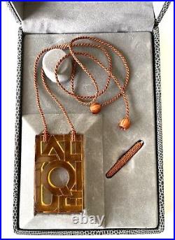 Lalique Crystal Topaz Amber Art Deco Logo Block Print Necklace Pendant NIB