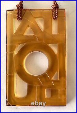 Lalique Crystal Topaz Amber Art Deco Logo Block Print Necklace Pendant NIB