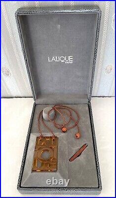 Lalique Crystal Topaz Amber Art Deco Logo Block Print Necklace Pendant NIB