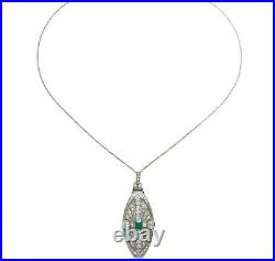 Large Art Deco Diamond And Emerald Pendant Necklace 18Inch 925 Sterling Silver
