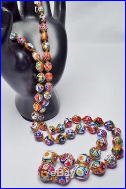 Long Art Deco Vintage Murano Venetian Millefiori Art Glass Bead Knotted Necklace