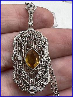 Lovely Antique Art Deco 10K White Gold Amber Glass Filigree Pendant Necklace 16