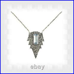 Marvelous Vintage marcasite Art Deco paste aquamarine necklace 230726b