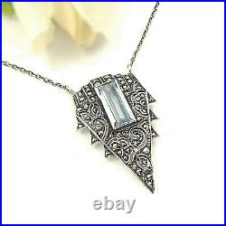 Marvelous Vintage marcasite Art Deco paste aquamarine necklace 230726b