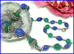 Max Neiger Art Deco Antique Blue Green Peking Glass Brass Filigree Necklace Nd2