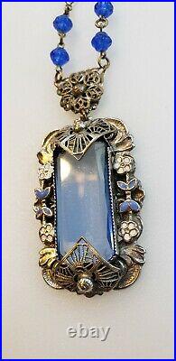 Max Neiger Blue Czech Crystal Ornate Filigree Necklace Art Deco Pendant Jewelry