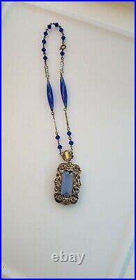 Max Neiger Blue Czech Crystal Ornate Filigree Necklace Art Deco Pendant Jewelry