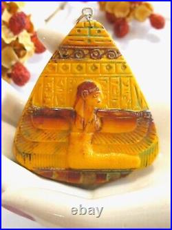 Max Neiger Bros Antique Art Deco Egyptian Revival Orange Glass Necklace Pendant