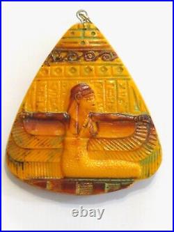 Max Neiger Bros Antique Art Deco Egyptian Revival Orange Glass Necklace Pendant