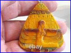 Max Neiger Bros Antique Art Deco Egyptian Revival Orange Glass Necklace Pendant