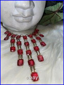 Miriam Haskell Rare Art Deco Pink Emerald Cut Glass Bib Waterfall Necklace! A11