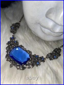 Miriam Haskell Style Art Deco Piercing Blue Etched Cut Glass Elegant Necklace! A5