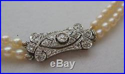 NR! Antique Art Deco Natural Pearl Double Strand Necklace 18K Diamond Clasp