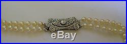 NR! Antique Art Deco Natural Pearl Double Strand Necklace 18K Diamond Clasp
