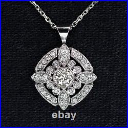Natural Diamond Pendant Vintage Halo Necklace Art Deco Style White Gold Antique