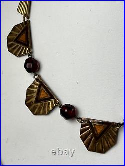 Necklace Art Deco 16 Enamel Textured Brass Faceted Czechoslovakia Glass