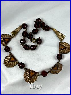 Necklace Art Deco 16 Enamel Textured Brass Faceted Czechoslovakia Glass