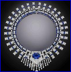 Necklace Art Deco Style Solid 925 Sterling Silver Blue Cushion Highend Handmade