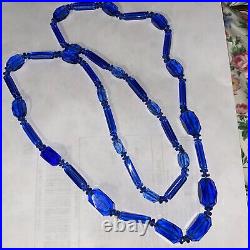 Necklace Blue Geometric Flapper Art Glass Art Deco 1930 Antique 40 Long