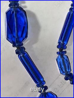 Necklace Blue Geometric Flapper Art Glass Art Deco 1930 Antique 40 Long