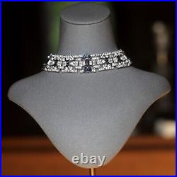 Necklace Choker Silver Art Deco Blue Rhinestone Great Gatsby QD29