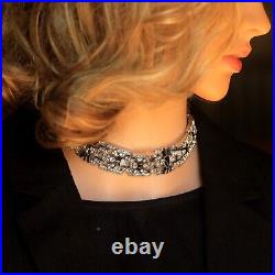 Necklace Choker Silver Art Deco Blue Rhinestone Great Gatsby QD29