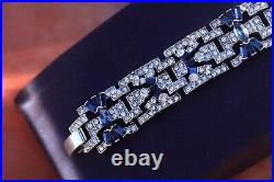 Necklace Choker Silver Art Deco Blue Rhinestone Great Gatsby QD29