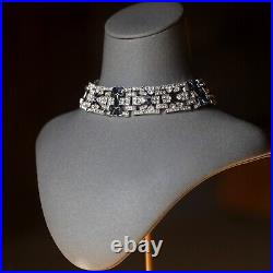 Necklace Choker Silver Art Deco Blue Rhinestone Great Gatsby QD29