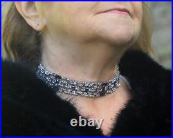 Necklace Choker Silver Art Deco Blue Rhinestone Great Gatsby QD29