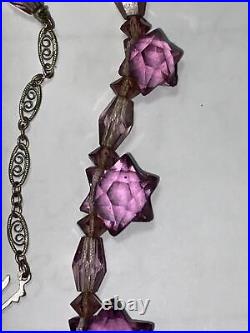 Necklace Czechoslovakia purple amethyst art glass art deco stars original 1930s