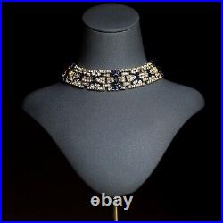 Necklace Ras Of Neck Choker Golden Art Deco Rhinestone Navy Blue Great Gatsby