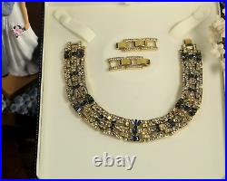 Necklace Ras Of Neck Choker Golden Art Deco Rhinestone Navy Blue Great Gatsby