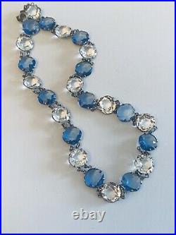 Necklace VTG Art Deco Sterling Silver Crystal Open Bezel Clear Blue Sapphire