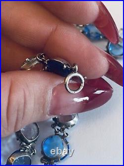 Necklace VTG Art Deco Sterling Silver Crystal Open Bezel Clear Blue Sapphire