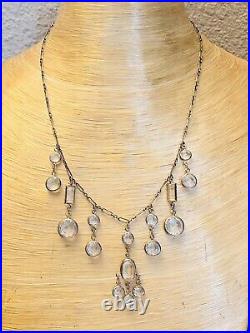 Necklace VTG Art Deco Sterling Silver Rock Crystal Open Bezel Clear Fringe