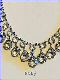 Necklace Vintage Art Deco Silver Crystal Open Bezel Pointed Back Fringe Filigree