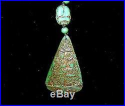 Neiger Bros Czech Art Deco Green Molded Glass Egyptian Revival Long Necklace