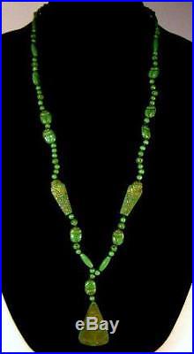 Neiger Bros Czech Art Deco Green Molded Glass Egyptian Revival Long Necklace