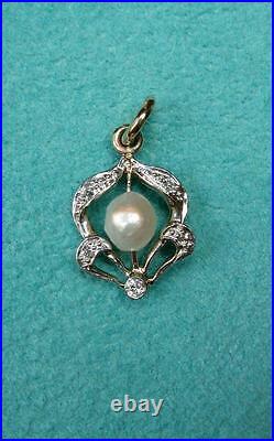 OMC Diamond Pearl Pendant Gold Art Deco Nouveau Necklace Edwardian Belle Epoque
