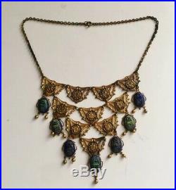OOAK 1940s Egyptian Revival Bib Necklace Embelished With Art Deco Czech Glass