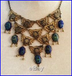 OOAK 1940s Egyptian Revival Bib Necklace Embelished With Art Deco Czech Glass